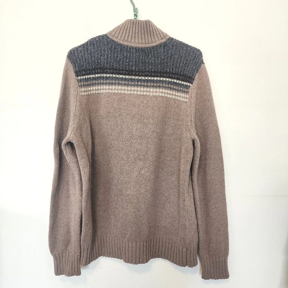 Banana Republic Mens Quarter Zip Sweater Taupe Brown Striped Wool Blend L Preppy